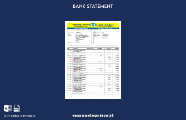 modello di versione word dell'estratto conto bancario INDIA UCO in stile verific
